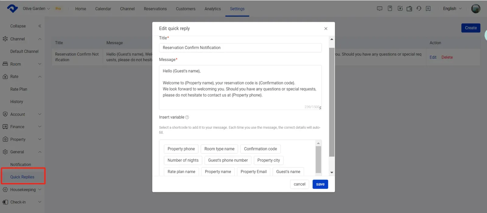 Smart Order PMS - Quick Replies