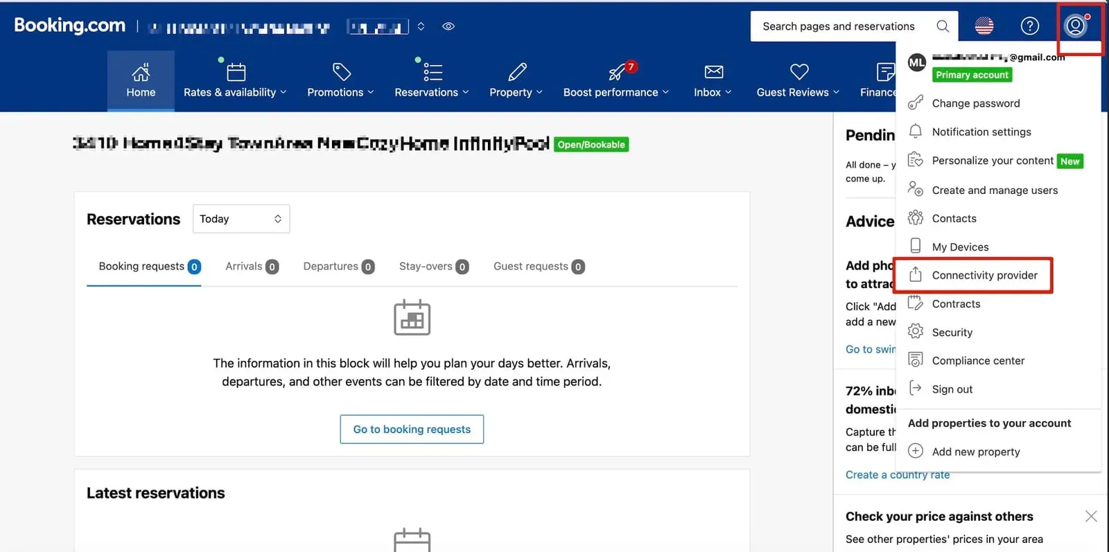 Booking.com connection guide with Smart Order PMS, switch connectivity provider
