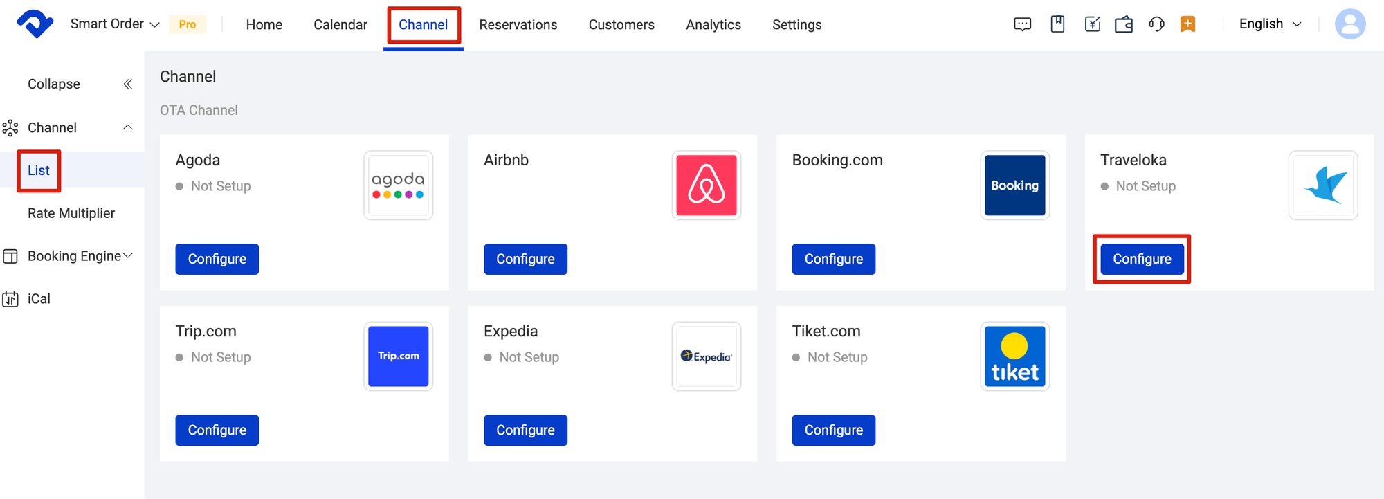 log in to the PMS, and go to channel - list - configure