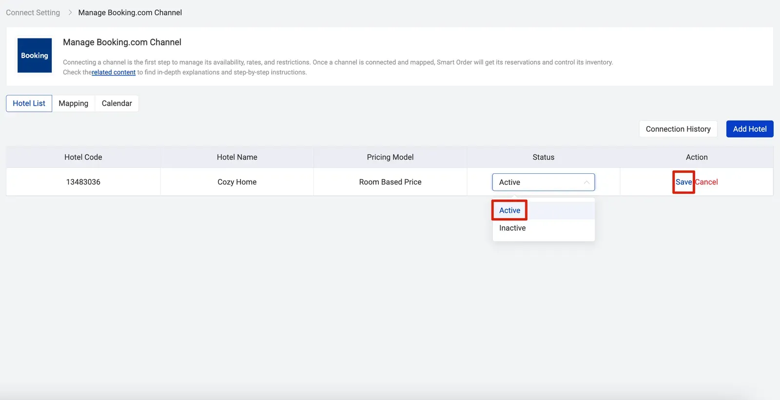 Booking.com connection guide with Smart Order PMS, activate the channel in the PMS