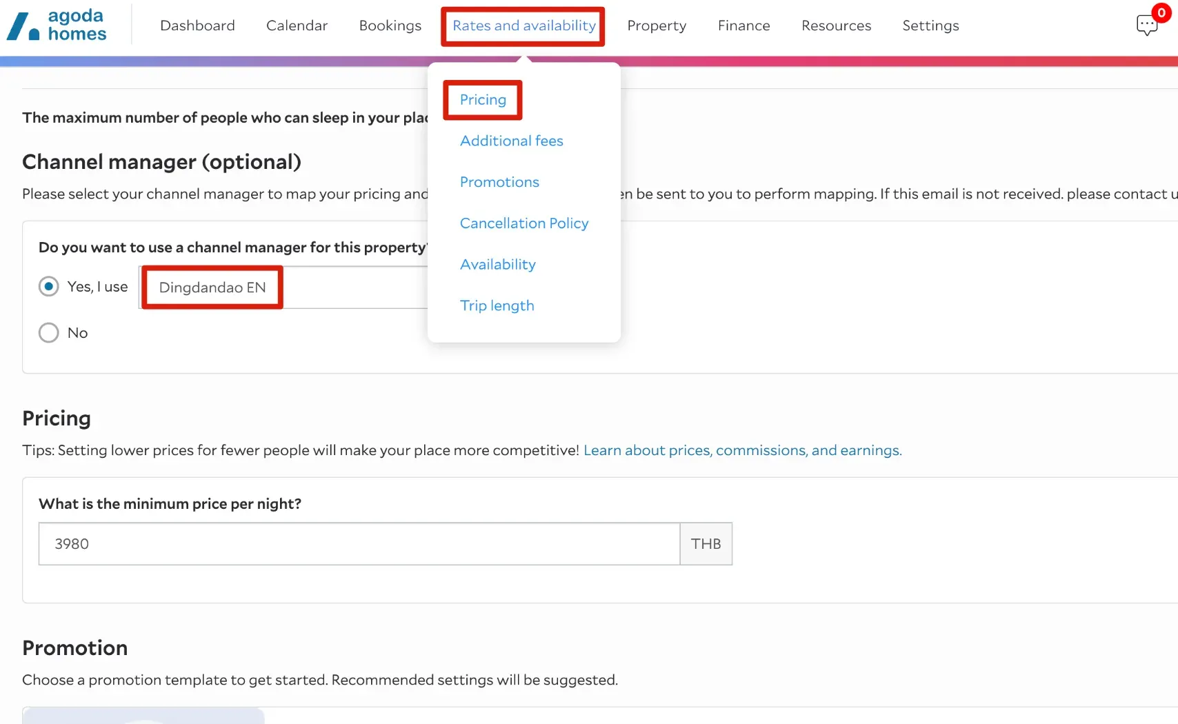 Go to Agoda Homes and choose Dingdandao EN to be the channel manager