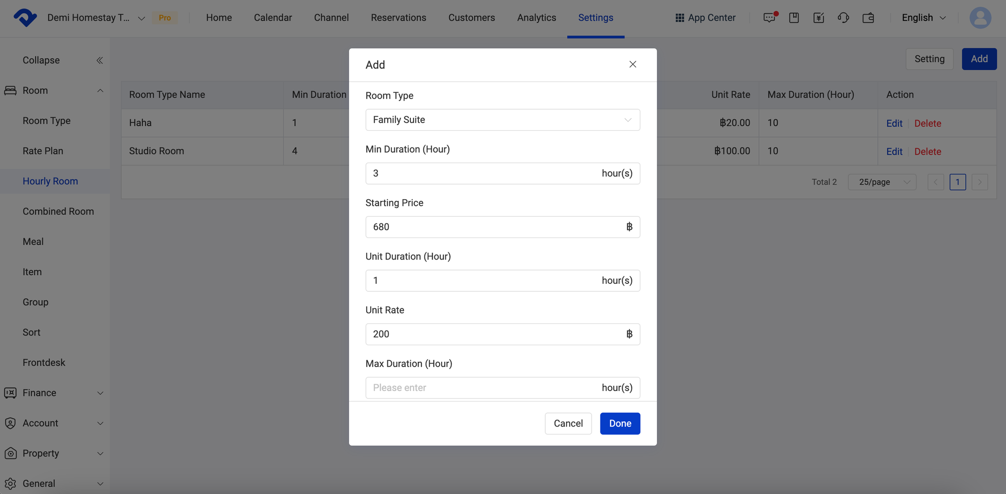 Create an Hourly Room First in the Settings