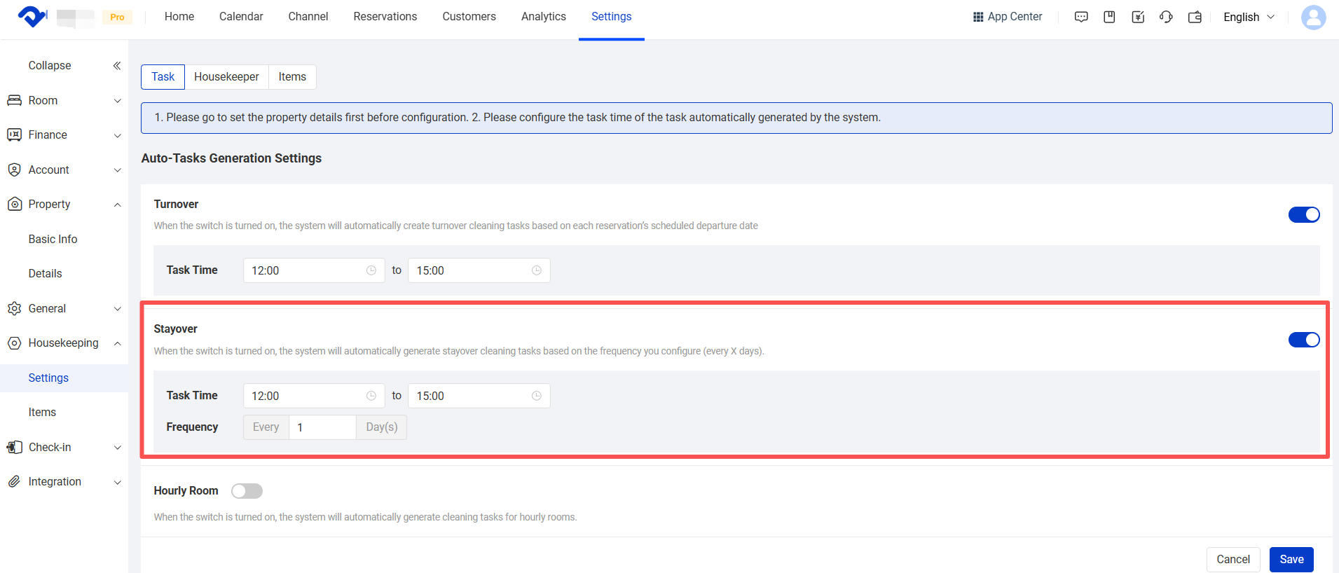 housekeeping tasks: Custom Stayover Task Frequency