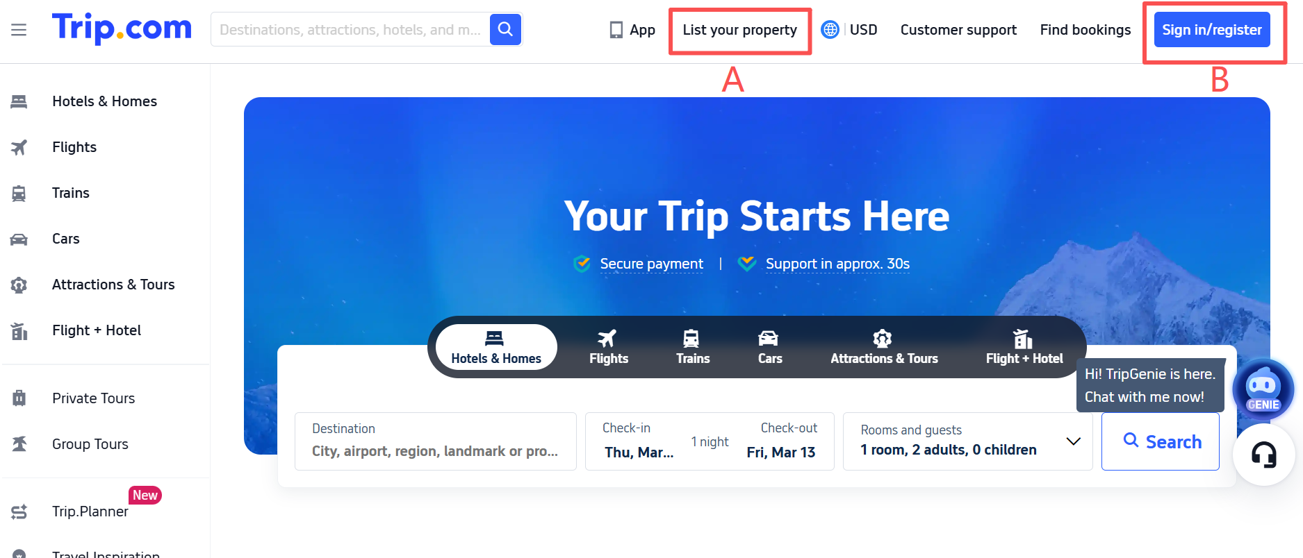 Two ways to register from the Trip.com homepage