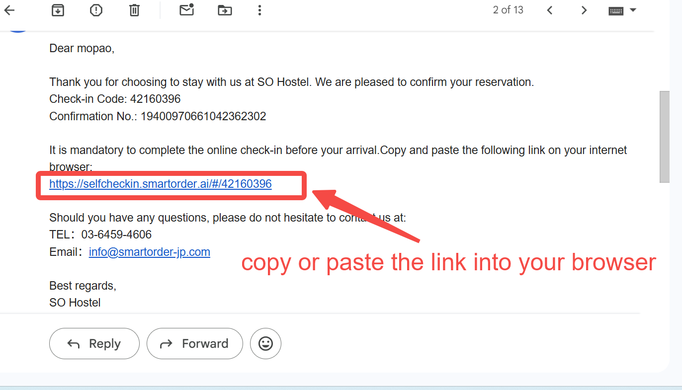 Click the link in the message to open the Self Check-in website.