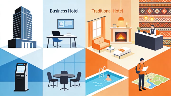 What is the difference between a business hotel and a traditional hotel?