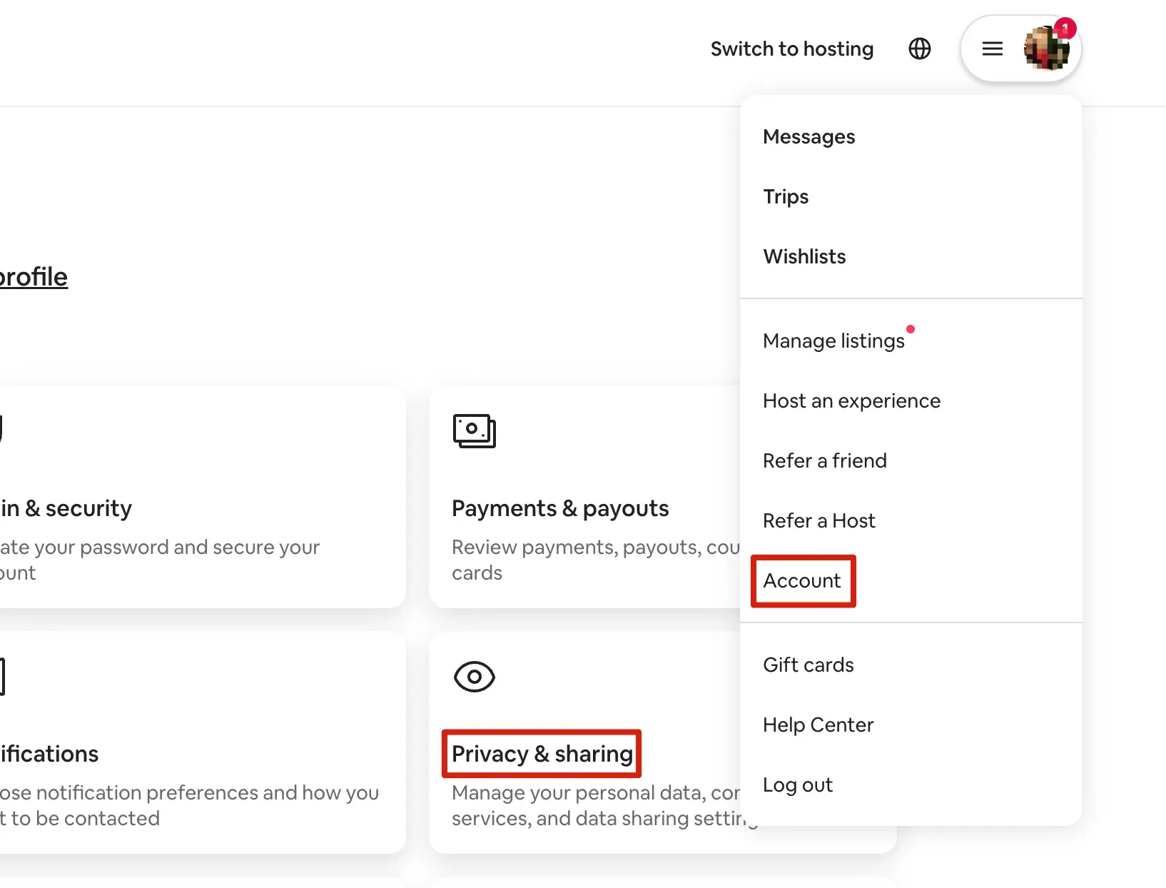 Log into Airbnb and click on account > privacy sharing, airbnb connection guide with Smart Order PMS