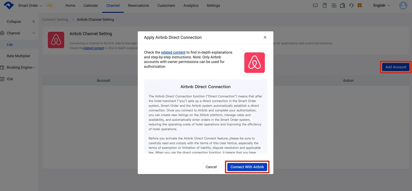 Airbnb connection guide with Smart Order PMS, starting mapping in PMS
