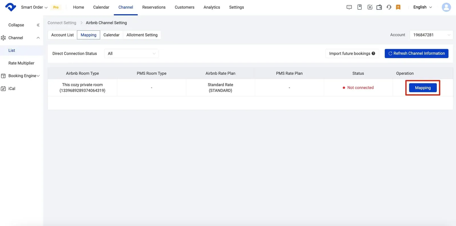 Airbnb connection guide with Smart Order PMS, starting mapping in PMS